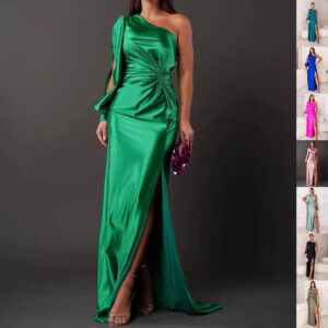 Women’s One-shoulder Split Dress Ins Fashion Long-sleeved Slim Long Dresses Party Evening Clothing
