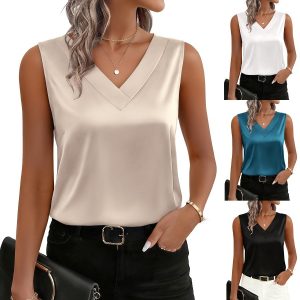 Womens Satin Camisole V-Neck Casual Sleeveless Blouse Top
